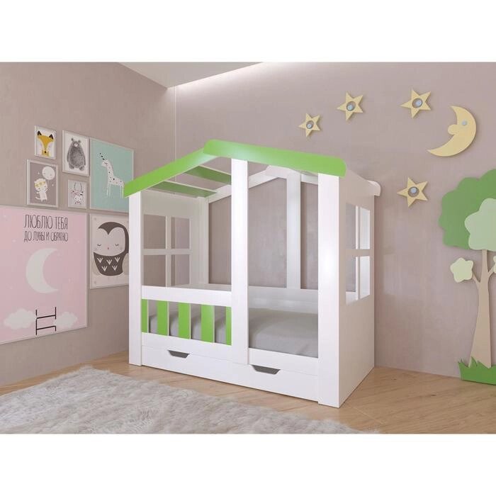 Детская кровать-чердак "Астра домик", с ящиком, цвет белый / салатовый от компании Интернет-гипермаркет «MALL24» - фото 1
