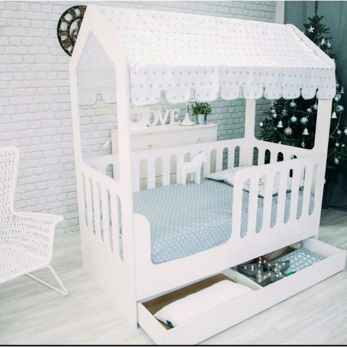 Детская кровать-домик с ящиком, белый, 800х1600, текстиль 2 от компании Интернет-гипермаркет «MALL24» - фото 1
