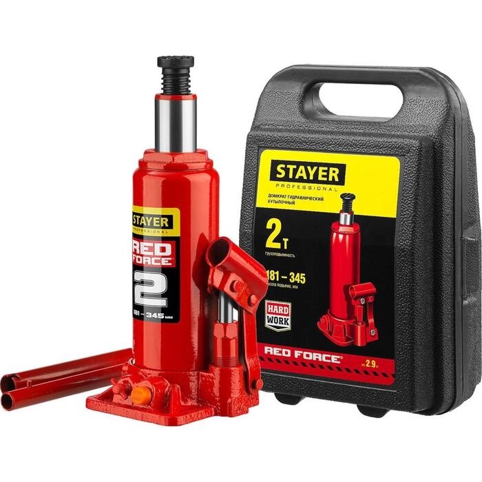 Домкрат бутылочный гидравлический STAYER RED FORCE 43160-2-K_z01, 181-345 мм, 2 т, в кейсе от компании Интернет-гипермаркет «MALL24» - фото 1