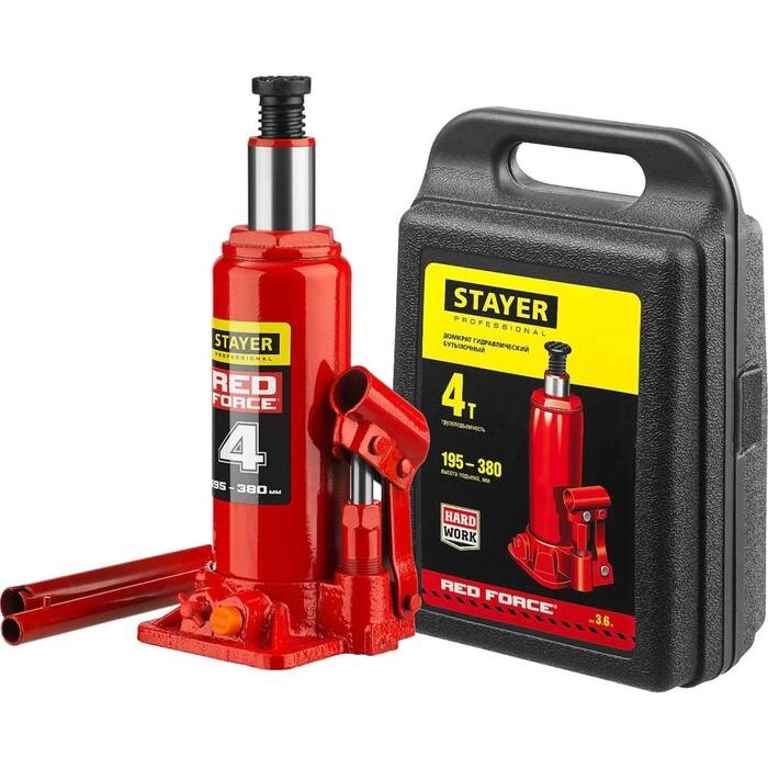 Домкрат бутылочный гидравлический STAYER RED FORCE 43160-4-K_z01, 194-372 мм, 4 т, в кейсе от компании Интернет-гипермаркет «MALL24» - фото 1