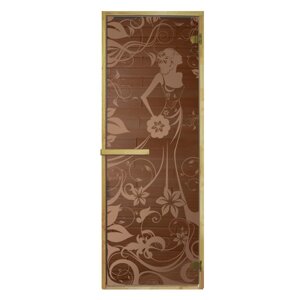 Дверь "Девушка в цветах", размер коробки 190 70 см, 6 мм, 2 петли, левая, цвет бронза