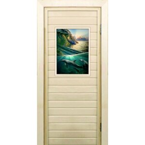 Дверь для бани со стеклом (40*60) Дельфины", 17070см, коробка из осины