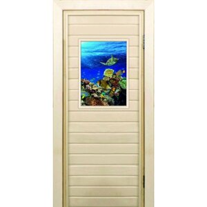 Дверь для бани со стеклом (40*60) Морской мир", 18070см, коробка из осины