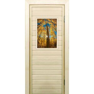 Дверь для бани со стеклом (40*60) Осенний лес", 17070см, коробка из осины