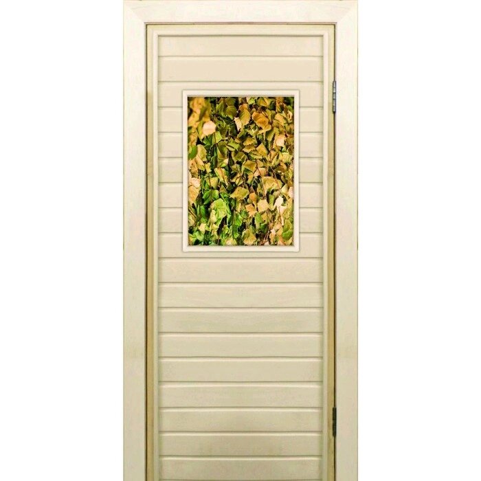 Дверь для бани со стеклом (40*60), "Веники для бани", 17070см, коробка из осины от компании Интернет-гипермаркет «MALL24» - фото 1