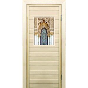Дверь для бани со стеклом (40*60) Восточный орнамент", 19070см, коробка из осины