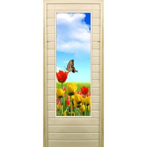 Дверь для бани со стеклом (43*129) Бабочка", 18070см, коробка из осины