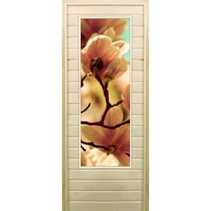 Дверь для бани со стеклом (43*129) Цветение", 17070см, коробка из осины