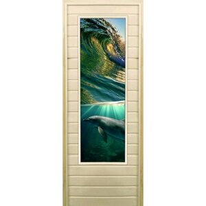 Дверь для бани со стеклом (43*129) Дельфины", 18070см, коробка из осины