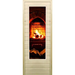 Дверь для бани со стеклом (43*129) Камин-3", 18070см, коробка из осины