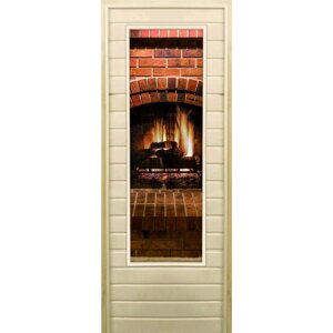 Дверь для бани со стеклом (43*129) Камин-4", 17070см, коробка из осины