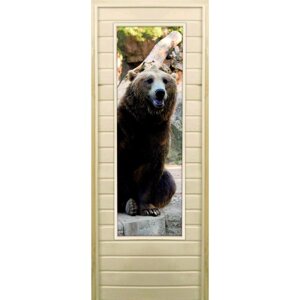 Дверь для бани со стеклом (43*129) Медведь-5", 17070см, коробка из осины