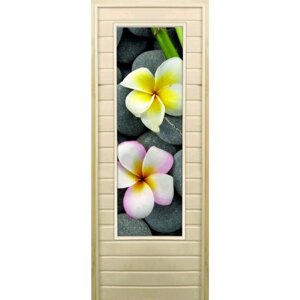 Дверь для бани со стеклом (43*129) Орхидеи", 19070см, коробка из осины