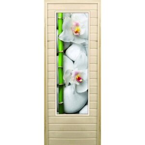Дверь для бани со стеклом (43*129) Орхидеи и бамбук", 18070см, коробка из осины