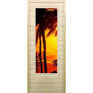 Дверь для бани со стеклом (43*129) Пальмы-2", 17070см, коробка из осины