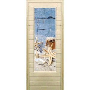 Дверь для бани со стеклом (43*129) Ракушки", 19070см, коробка из осины