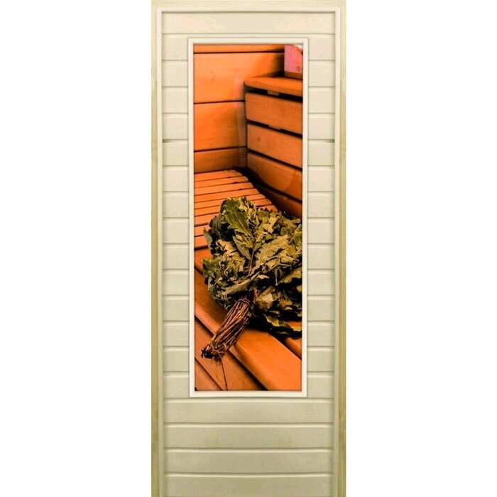 Дверь для бани со стеклом (43*129), "Веник на полке", 17070см, коробка из осины от компании Интернет-гипермаркет «MALL24» - фото 1
