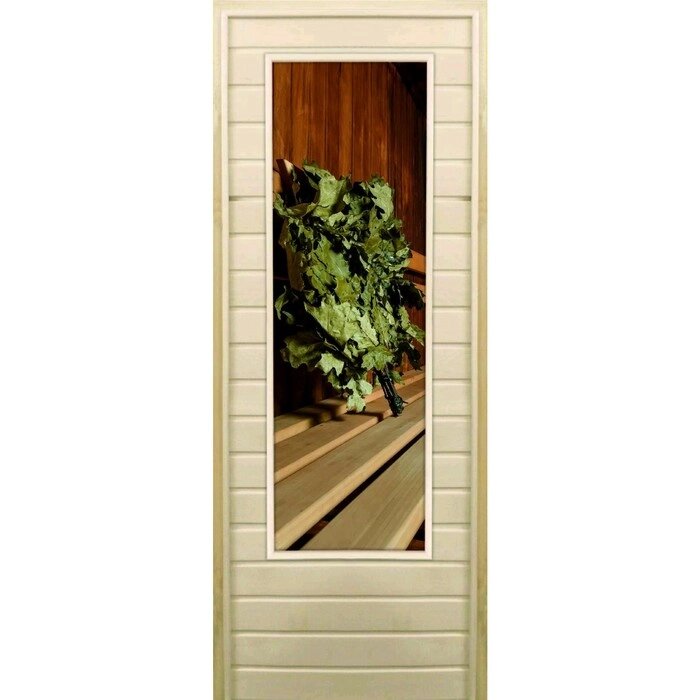 Дверь для бани со стеклом (43*129), "Веник в бане-3", 17070см, коробка из осины от компании Интернет-гипермаркет «MALL24» - фото 1