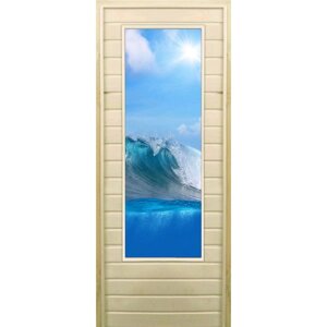Дверь для бани со стеклом (43*129) Волна", 17070см, коробка из осины