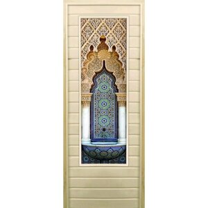 Дверь для бани со стеклом (43*129) Восточный орнамент", 17070см, коробка из осины