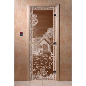 Дверь стеклянная "Банька в лесу", размер коробки 190 70 см, 8 мм, бронза, левая