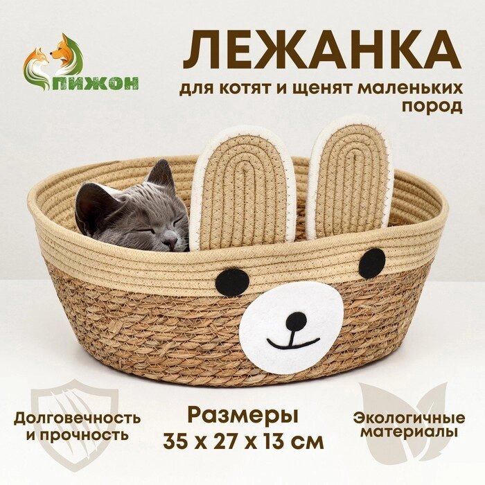 Экологичный лежак "Мишка" для животных  (хлопок+рогоз),  35 х 27 х 13 см, вес до 8 кг от компании Интернет-гипермаркет «MALL24» - фото 1