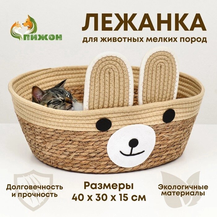 Экологичный лежак "Мишка" для животных  (хлопок+рогоз),  40 х 30 х 15 см, вес до 15 кг от компании Интернет-гипермаркет «MALL24» - фото 1