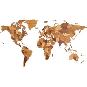 EWA Деревянная Карта Мира настенная, объемная 3 уровня, цвет шоколад