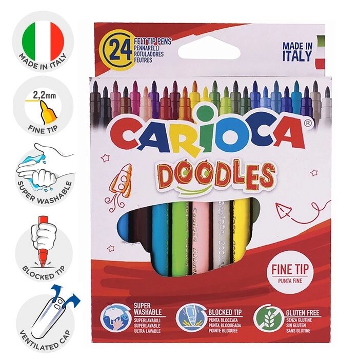 Фломастеры 24 цвета, CARIOCA "Doodles", суперсмываемые, тонкий наконечник, яркие, премиум качество от компании Интернет-гипермаркет «MALL24» - фото 1