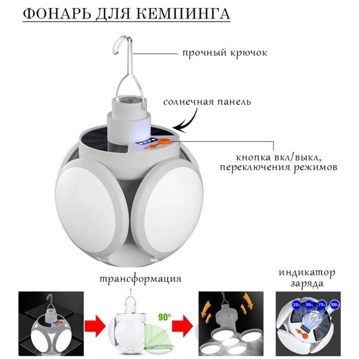 Фонарь кемпинговый, 30 Вт, 220 mAh, от солн. батареи,  индикатор заряда 11х13.5 см от компании Интернет-гипермаркет «MALL24» - фото 1