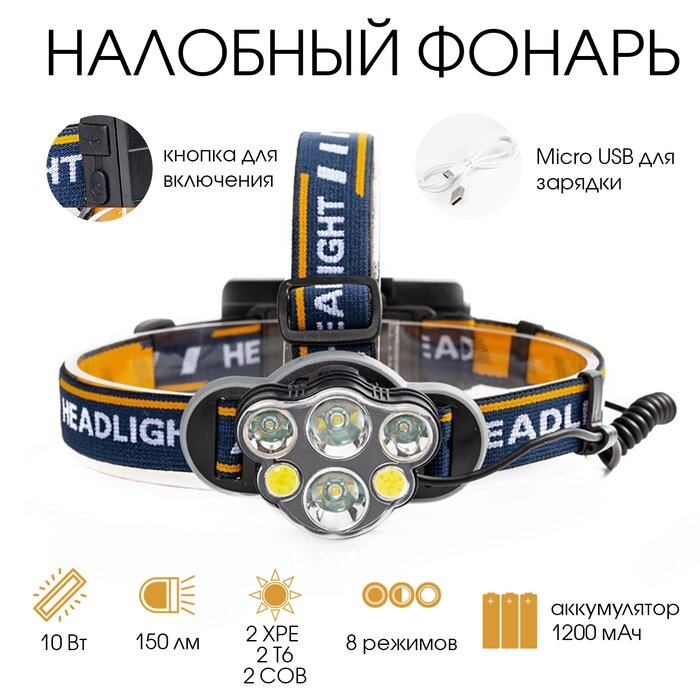 Фонарь налобный, аккумуляторный "Мастер К",4 LED, 2 COB, USB, 2 аккумуляторных батареи от компании Интернет-гипермаркет «MALL24» - фото 1