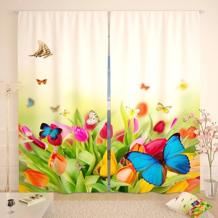 Фотошторы "Бабочки на цветах", размер 150х260 см, габардин от компании Интернет-гипермаркет «MALL24» - фото 1