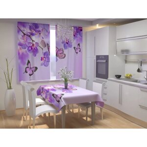 Фотошторы для кухни "Бабочки у воды с орхидеями", размер 150 180 см, габардин