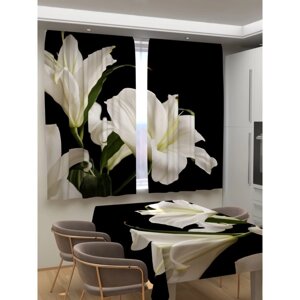 Фотошторы для кухни "Белые лилии в ночи", размер 150x180 см, габардин
