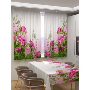 Фотошторы для кухни "Букет алых роз", размер 150x180 см, габардин