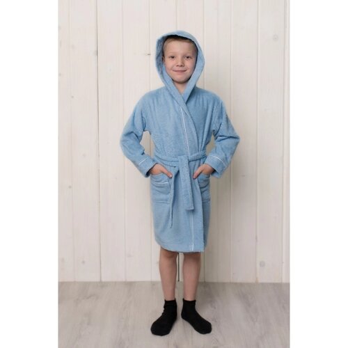 Халат для мальчика с капюшоном, рост 122 см, голубой, махра