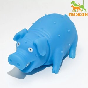 Игрушка пищащая "Веселая свинья" для собак, хрюкающая, светящаяся, 19 см, голубая