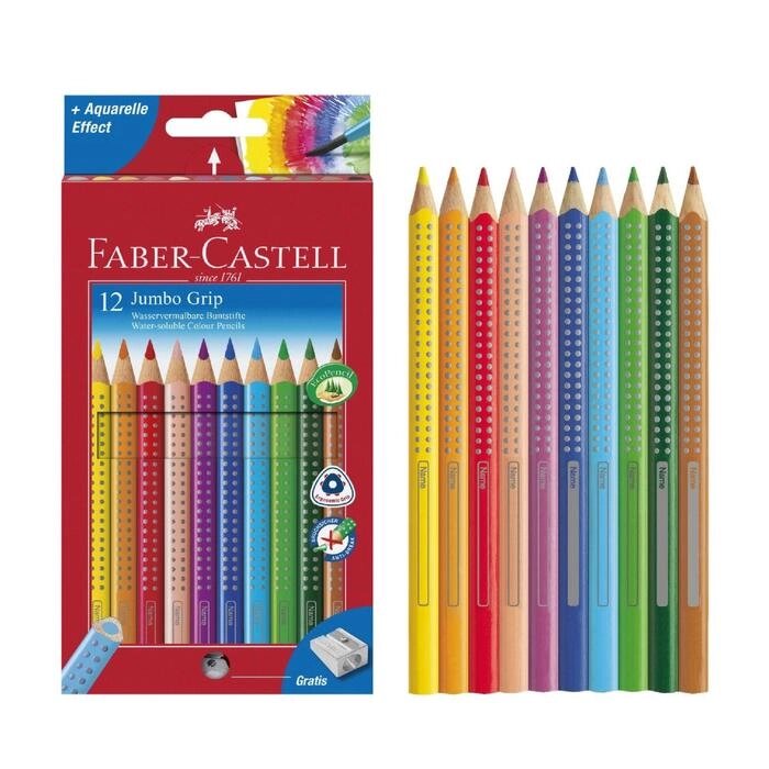 Карандаши 12 цветов Faber-Castell Jumbo GRIP трёхгранные с точилкой от компании Интернет-гипермаркет «MALL24» - фото 1
