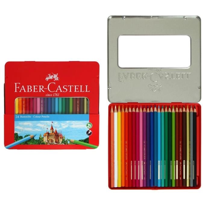 Карандаши 24 цвета Faber-Castell "Замок", шестигранный корпус, заточенные, в металличествоки корпусе от компании Интернет-гипермаркет «MALL24» - фото 1