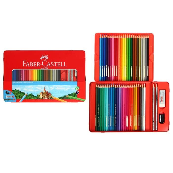 Карандаши 48 цвета Faber-Castell "Замок", трёхгранный корпус, 2 чернографитных карандаша , с ластиком, в от компании Интернет-гипермаркет «MALL24» - фото 1