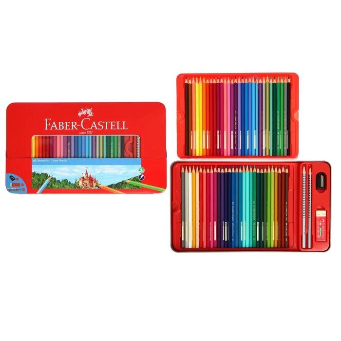 Карандаши 60 цвета Faber-Castell "Замок", шестигранный корпус, 2 чернографитных карандаша , с ластиком и от компании Интернет-гипермаркет «MALL24» - фото 1