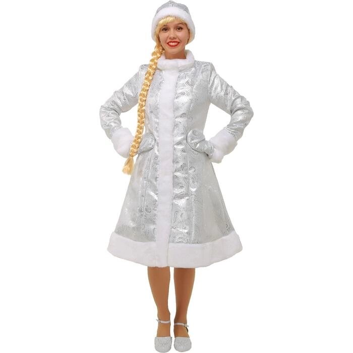 Карнавальный костюм "Снегурочка", шубка из парчи, шапочка, рукавички, цвет серебристый, р. 52 от компании Интернет-гипермаркет «MALL24» - фото 1