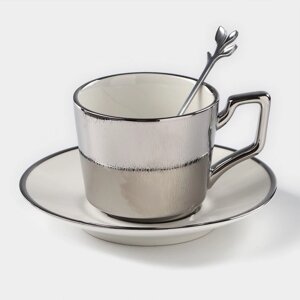 Кофейная пара керамическая "Серебро", 3 предмета: чашка 200 мл, блюдце d=14 см, ложка h=12,5 см, цвет