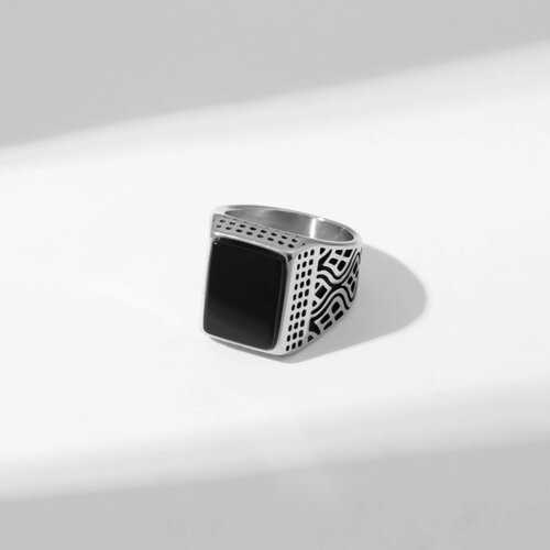 Кольцо мужское "Перстень" волны, цвет чёрный в серебре, 19 размер