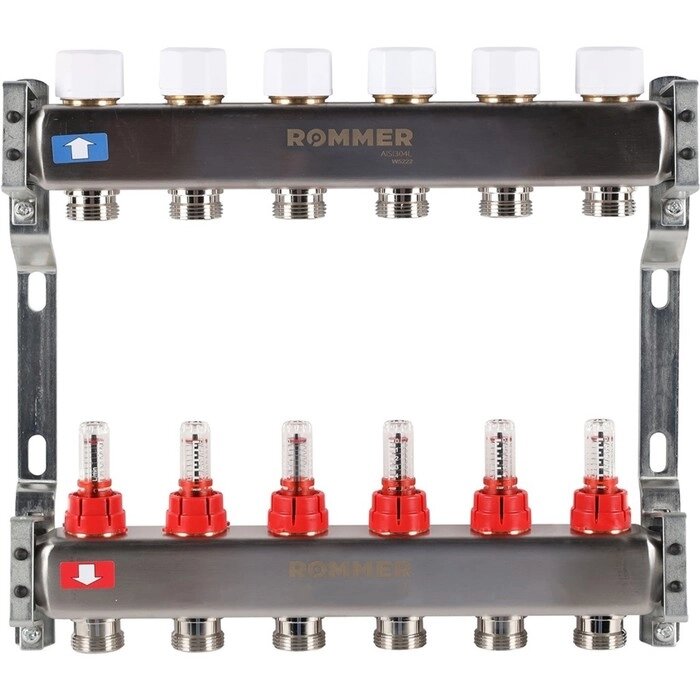 Коллектор ROMMER RMS-1200-000006, 1"х3/4", 6 выходов, с расходомерами, нержавеющая сталь от компании Интернет-гипермаркет «MALL24» - фото 1