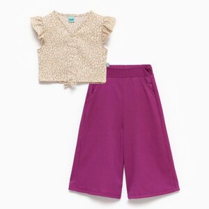 Комплект для девочки (футболка/брюки), цвет бежевый/фиолетовый, рост 134см