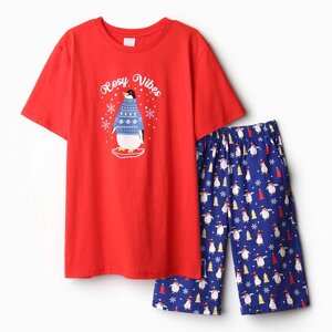 Комплект домашний мужской (футболка/шорты), цвет красный/синий, размер 48
