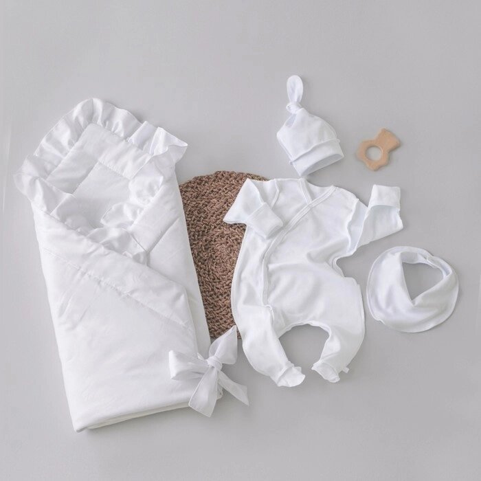 Комплект на выписку: конверт, комбинезон, шапочка, бант, рост 50-56 см, цвет белый от компании Интернет-гипермаркет «MALL24» - фото 1