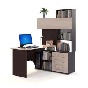 Компьютерный стол, 1400 1236 1828 мм, правый, цвет корпус венге / фасад белёный дуб