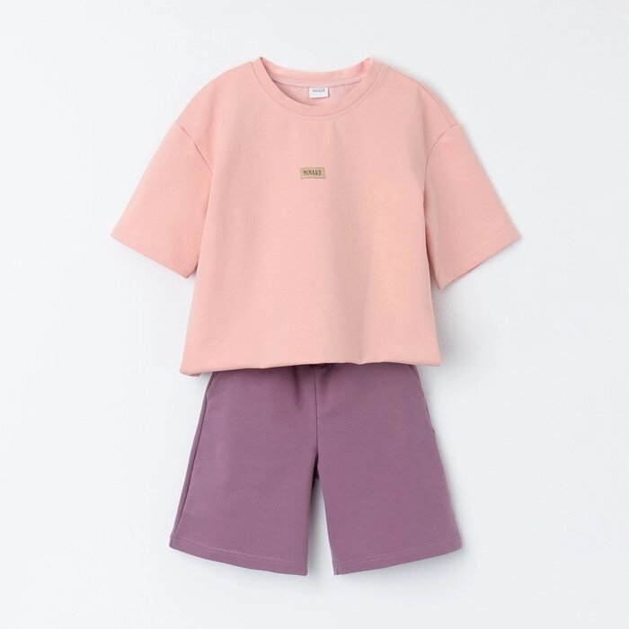 Костюм для девочки (футболка, шорты) MINAKU цвет бежевый/ пыльно-сиреневый, рост 134 см от компании Интернет-гипермаркет «MALL24» - фото 1